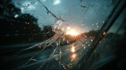 Shattered glass window with raindrops and sunrise.