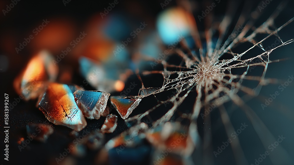 Poster shattered glass shards with a spiderweb crack pattern.