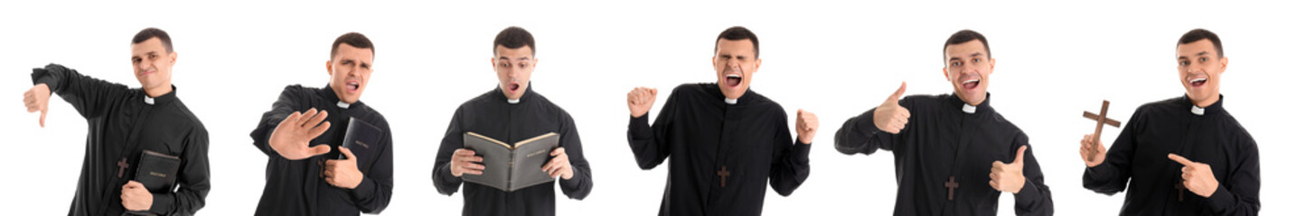 Set of young emotional priest on white background