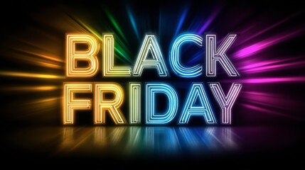 Black Friday Neon Sign: A vibrant neon sign spells out "Black Friday" with a radiant burst of colorful light in a modern, eye-catching composition, perfect for promotions and sales.