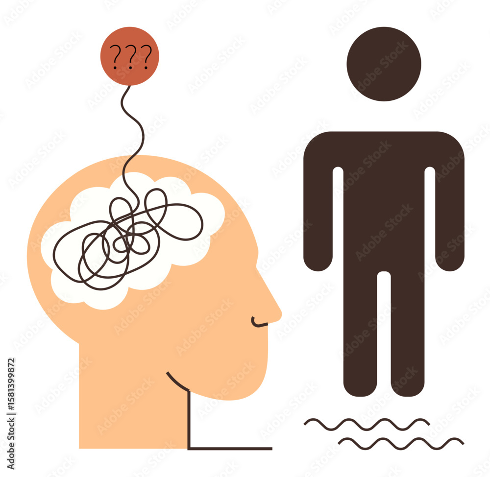 Poster tangled lines in a brain with a question mark balloon represent confusion, paired with an abstract h