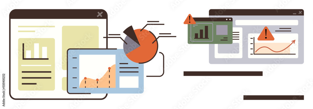 Poster multiple screens featuring charts, graphs, and warning icons, emphasizing data visualization and ana