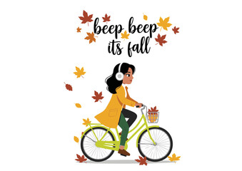 Fototapeta premium Cartoon Woman Riding Bicycle with Headphones Autumn Leaves Fall Season.