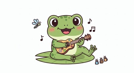 Obraz premium Cheerful cartoon frog serenades with a ukulele on a lily pad near a dragonfly and little bugs