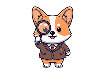Cartoon Corgi Detective with Magnifying Glass in Brown Suit.