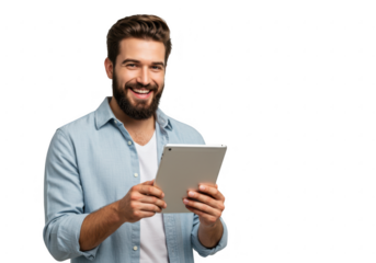Smiling man holding a tablet on transparent background