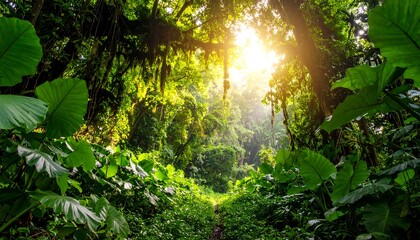 Fototapeta premium Lush tropical forest canopy. Sunlight streams through