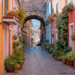 Calle Empedrada en Pueblo con Casas de Colores y Arco de Piedra Florido