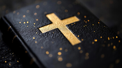 A Bible with a prominent cross on its cover, placed against a clean background with space for captioning on the side. Symbolizing faith, devotion, and Christian values in a minimalist setting.


