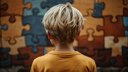 A young boy stands with his back turned, gazing at a colorful puzzle wall. The imagery symbolizes autism awareness, childhood development, and the complexity of the mind and identity.

 - Powered by Adobe