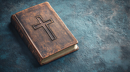 A Bible with a prominent cross on its cover, placed against a clean background with space for captioning on the side. Symbolizing faith, devotion, and Christian values in a minimalist setting.

