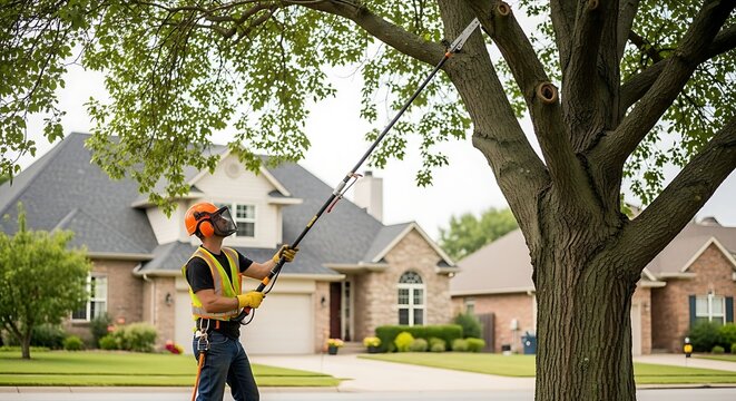 Tree Trimmer Using Pole Saw on Tall Branch

