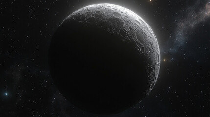 Glowing full moon radiates soft light in a vast cosmic night sky. The dark, moody universe surrounds the luminous lunar sphere in a surreal 3D render, evoking stillness, mystery, and beauty.

