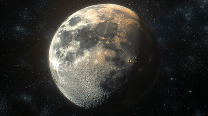 Glowing full moon radiates soft light in a vast cosmic night sky. The dark, moody universe surrounds the luminous lunar sphere in a surreal 3D render, evoking stillness, mystery, and beauty.

