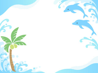 ヤシの木とイルカと波のフレーム © Nora Hachio