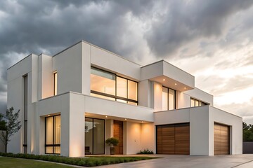  Modern House Exterior Minimalist Design Front Yard Landscaping Dusk Stock Photos. Exterior of modern house with minimalist garden .