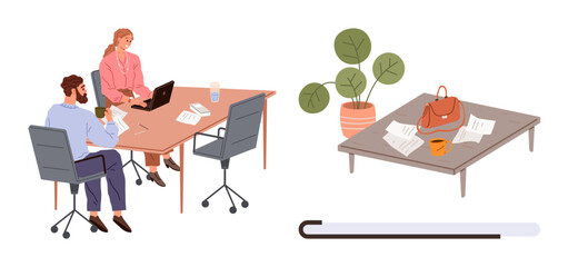 Two colleagues collaborate at a desk with a laptop and documents. Nearby, a table holds papers, a handbag, a coffee cup, and a plant. Ideal for teamwork, collaboration, productivity workspace