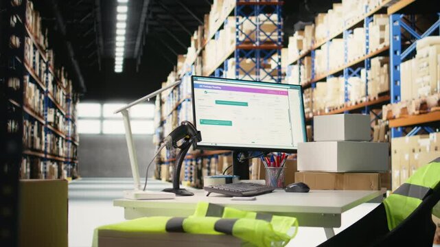 Empty professional warehouse space used for shipping cargo goods from online shopping local small brand, ensuring express delivery from the storage room depot. Supply room.