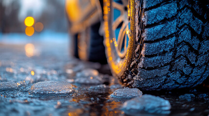 Close-up of winter tires gripping icy road surface, showcasing deep tread patterns designed for safety and enhanced traction in cold, slippery conditions. Space for caption on the side.

