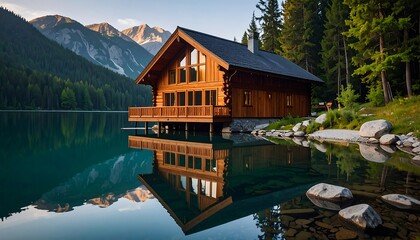 Fototapeta premium Rustic mountain chalet reflecting on serene lake