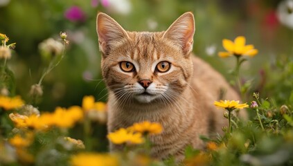 Ginger Cat Amidst Blooming Yellow Flowers