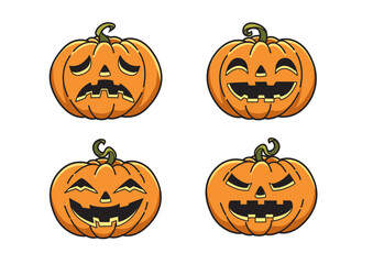 Four expressive Halloween pumpkins showcasing different faces for a fun and festive theme.