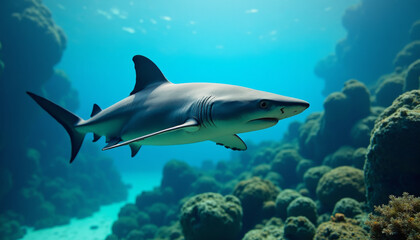 Obraz premium Shark Swimming in Coral Reef, Underwater Photography, Vibrant Ocean Environment