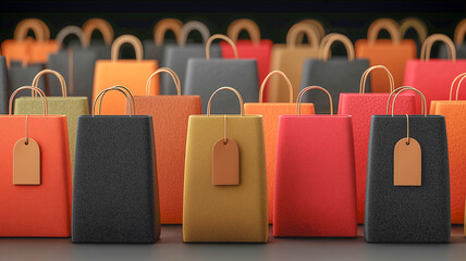 Vibrant scene of colorful shopping bags adorned with eye-catching sale tags depicting Black Friday discounts or sales. Generative AI