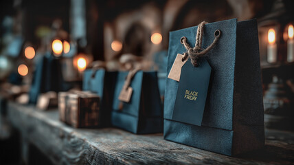 Glossy black bags with Black Friday labels, with nice bokeh effect in the background. Generative AI