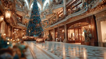 A huge Christmas tree beautifully decorated with lights and ornaments stands in the center of a bustling shopping mall. Generative AI