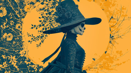 Elegant Catrina on a yellow background with flowers, Victorian style. Generative AI