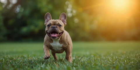 Energetic Frenchie Puppy Sprinting Toward Camera on a Sunny Day for marketing pet lifestyle brands, dog training services, or pet adoption campaigns