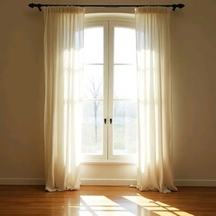 Fototapeta premium Warm Sunlight Through Arched Window with Cream Curtains in a Bright Room