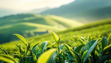 Serene Sunrise Over Lush Green Tea Plantation