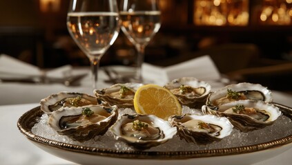 Gourmet Oysters on Ice with Lemon and Wine