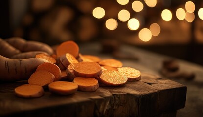 Sweet Potato Slices on Rustic Wooden Board, Warm Evening Ambiance