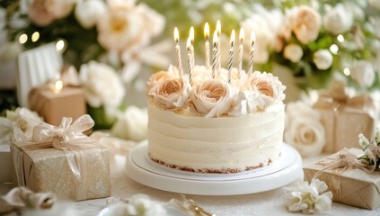 Elegant Birthday Cake with Roses and Candles