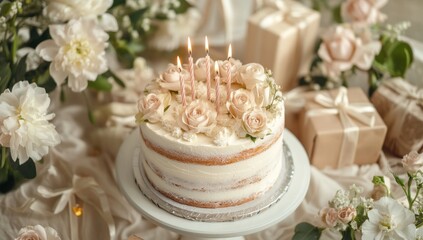 Elegant Naked Cake with Roses and Candles