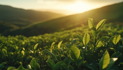 Golden Hour Tea Plantation: Serene Sunset over Lush Green Tea Leaves