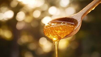 Golden Honey Dripping from Wooden Spoon