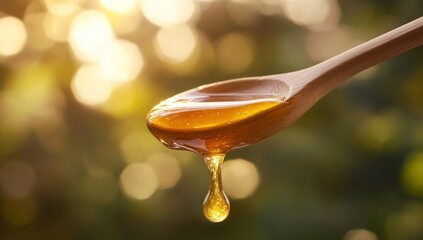 Golden Honey Dripping from Wooden Spoon