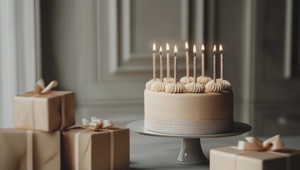 Elegant Birthday Cake with Candles and Gifts