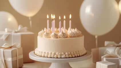 Elegant Birthday Cake with Candles and Gifts