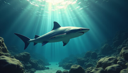 Obraz premium Majestic Shark Swimming in Crystal Clear Waters, Ocean Depths, Wildlife Photography, Serene Environment, Underwater Perspective