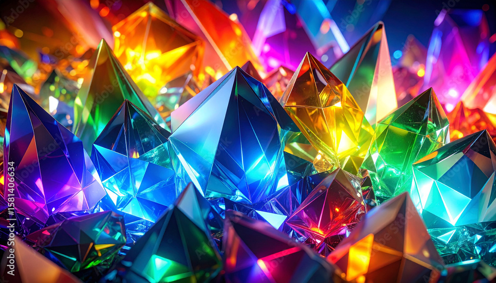 Poster vibrant and colorful geometric shapes create stunning visual display of sparkling crystals, reflecti