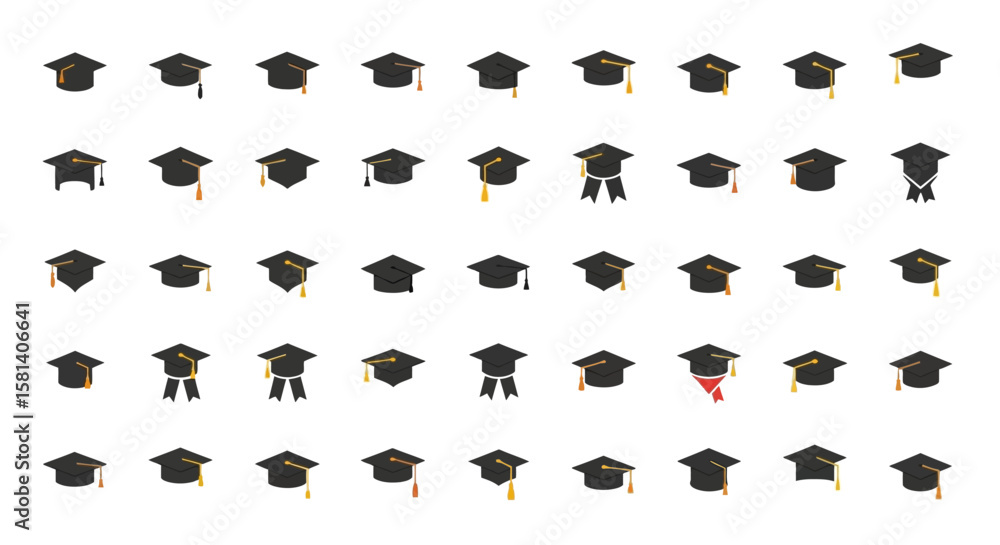 Poster set of vector icons array of graduation caps with tassels and ribbons academic achievement symbols. 