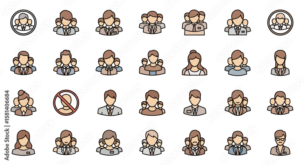 Poster set of vector icons assorted business people icons in various groups and poses. vector illustrations