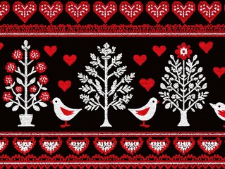 Folk art inspired Christmas border of red and white hearts, doves, and tree motifs, Scandinavian motif,  border design,