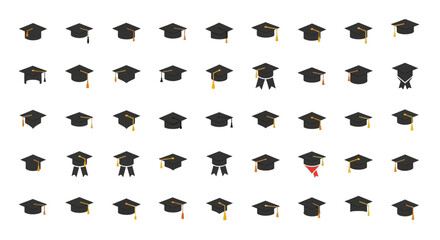 Set of Vector Icons Array of Graduation Caps with Tassels and Ribbons Academic Achievement Symbols. Vector Illustrations. EPS Editable