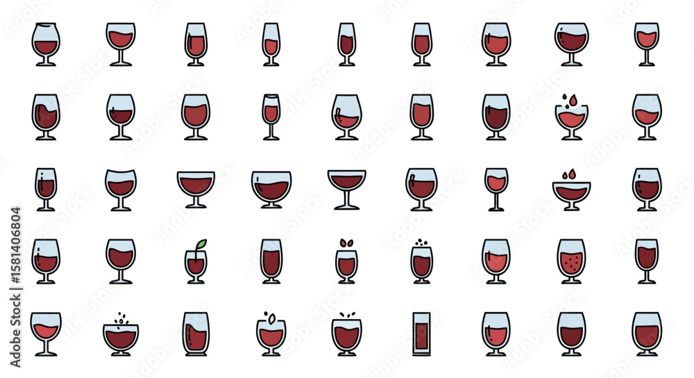 Poster set of vector icons assortment of wine glasses with red wine various shapes and styles vector illust